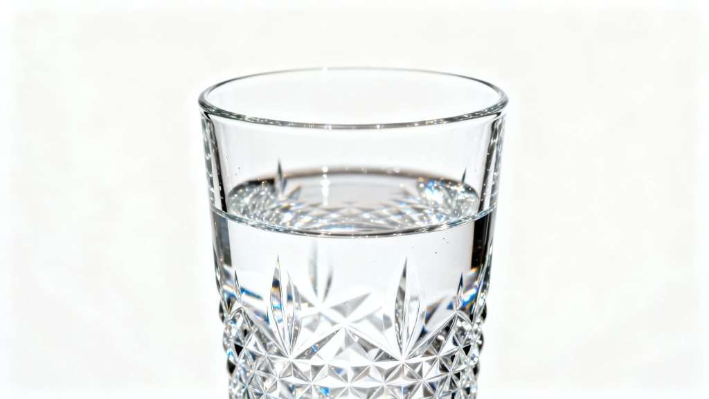 View of a drinking glass featuring intricate, diamond-cut patterns on its exterior, containing a small measure of clean, clear water.
