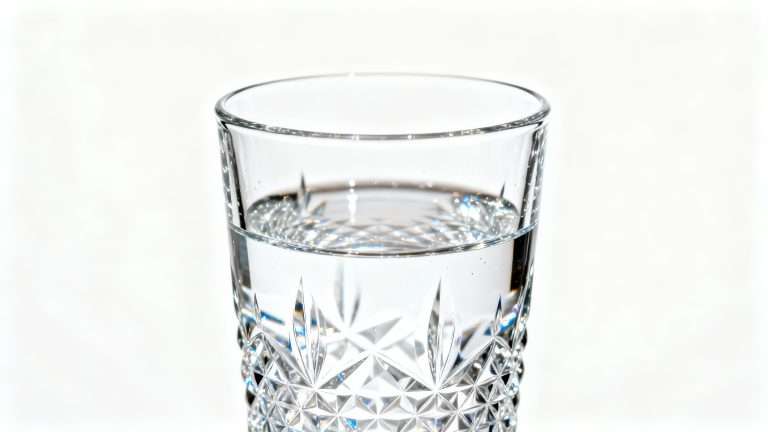 View of a drinking glass featuring intricate, diamond-cut patterns on its exterior, containing a small measure of clean, clear water.