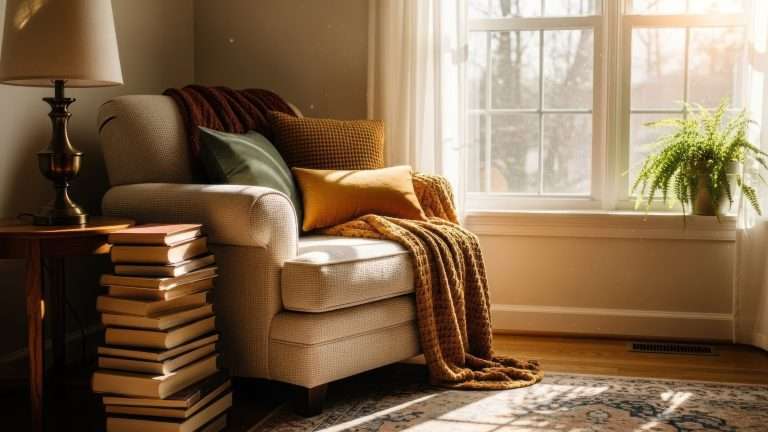 Cozy sunlit reading nook with an upholstered armchair, stacked books, a warm throw blanket, and pillows beside a window with a potted fern.
