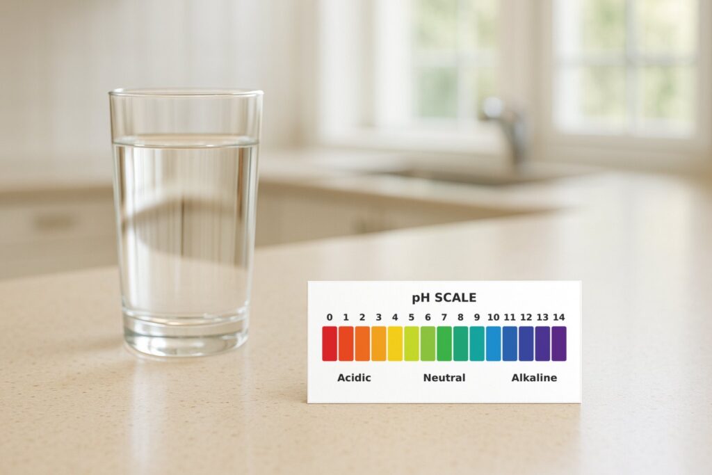 pH scale chart from 0 (acidic) to 14 (alkaline) next to a glass of drinking water
